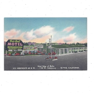 Tour Rest Cottage Leinenpostkarte, Blythe, Kalifornien, US Roads 60 & 70er Jahre, 1940er Jahre, ungepostet, Reiseandenken, Upcycle Scrapbook Versorgung
