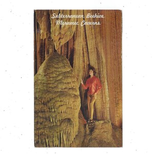 Pocztówka z Meramec Caverns, Stanton, Missouri, podziemny ul, z 1967 r., wysłana z wiadomością, znaczek 4-centowy, pamiątka z podróży, US 66