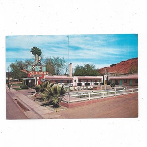 Carte postale du motel Dixie Palms, St. George, Utah, des années 1950, sans affectation, autoroute 91, souvenir de voyage du milieu du siècle, endossé AAA, album upcycle