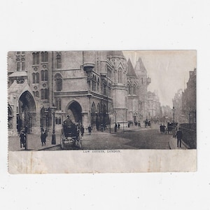 Début des années 1900, fin des années 1800, carte postale des palais de justice, Londres, Angleterre, UNPOSTED, Horse Buggy Era Street Scene, Ephemera Travel Souvenir