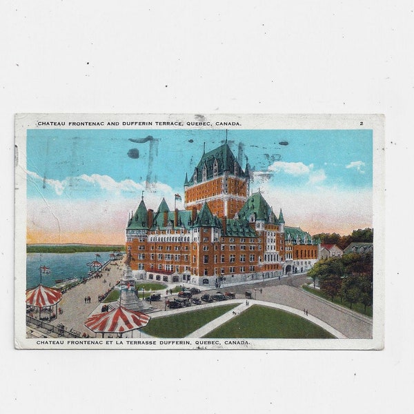 1930 Tinted Postcard of Chateau Frontenac and Dufferin Terrace, Quebec Canada, Posted with Message, NO Stamp, Travel