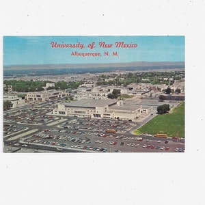 Universiteit New Mexico ansichtkaart, uit de jaren 1960, Albuquerque, Johnson Gym & Spaanse gebouwen, ongepost, reissouvenir, College Town