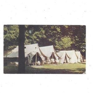 Pocztówka Camp Sychar Tents, Mount Vernon, Ohio, opublikowana w 1969 r. z wiadomością, 5-centowym znaczkiem, pamiątką z podróży, artykułem do scrapbookingu, prezentem