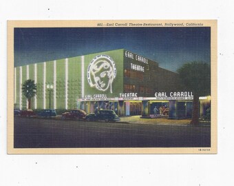 1940s Linen Postcard of Earl Carroll Theatre-Restaurant, Hollywood, California, Unposted, Travel Souvenir, On Sunset Blvd