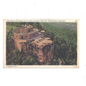 Pocztówka lniana z 1960 r. przedstawiająca pomnik Ochsa, Lookout Mountain, Tennessee, wysłana ze znaczkiem 3-centowym, Chattanooga, pamiątka
