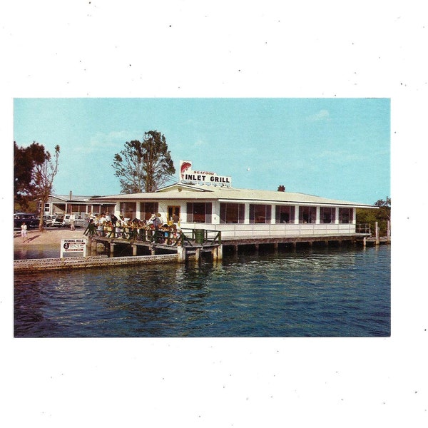 1960s Postcard of Inlet Grill Seafood Restaurant, Daytona Beach, Florida, Halifax River, Travel Souvenir Ephemera