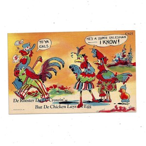 1940s Vintage Color Leinen Postkarte mit Witz oder humorvollem Thema mit Hahn Verkäufer, Unposted, Vintage Postkarte, Curteich Ephemera