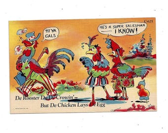 1940s Vintage Color Linen Postcard Featuring Joke or Humorous Theme with Rooster Salesman, Unposted, Vintage Postcard, Curteich Ephemera