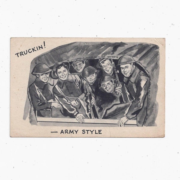 1940s Postcard Truckin' Army Style, Pencil Drawing, Unposted, Vintage US Military Souvenir, Printed by Electro Sun Co, Artway Cards