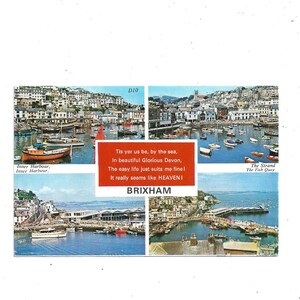 1977 Kolorowa pocztówka z Brixham, Torbay, Devon, Anglia, wysłana z 2 znaczkami, ręcznie pisana wiadomość, pamiątki z podróży