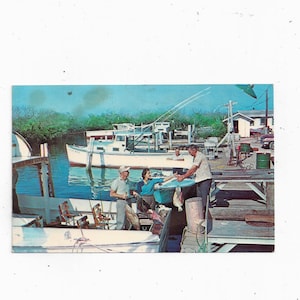 1960er Postkarte Tiefsee Fischerboote, Inlet Harbor, Daytona Beach, Florida, Reise Souvenir Ephemera,