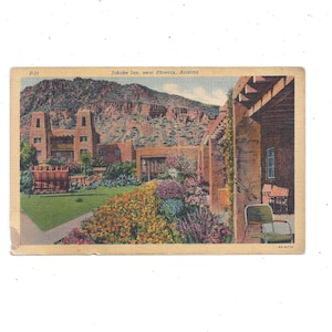 Jokake Inn ansichtkaart, Camel Back Mountain, Phoenix, Arizona, ongepost met schrijven op de rug, jaren 1940 linnen reizen souvenir Ephemera, Resort
