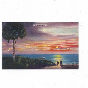 1947 Carte postale en lin représentant un coucher de soleil en Floride, emplacement exact inconnu, non publiée, poème au dos, souvenir de voyage vintage