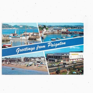 Paignton, Anglia Pozdrowienia z pocztówki, wysłane z 12-pensowym znaczkiem, wiadomość, brytyjskie pamiątki, 4 widoki, upcyklingowe materiały do scrapbookingu, Devon