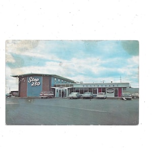 Postkaart halte 250 bij Interstate 71, Ashland, Ohio, Sohio Restaurant, uit 1950s 1960s. Niet geboekt, vrachtwagenstopplaats, tankstation, reissouvenir