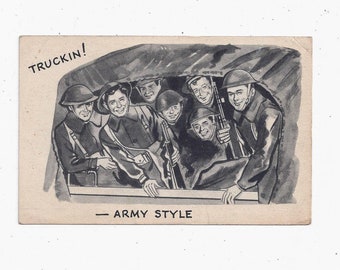 1940s Postcard Truckin' Army Style, Pencil Drawing, Unposted, Vintage US Military Souvenir, Printed by Electro Sun Co, Artway Cards