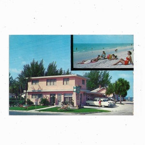1964 Pocztówka z motelu Queen's Crown, Madeira Beach, St. Petersburg, Floryda, wysłana ze znaczkiem 4 Cent, wiadomość
