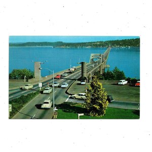 Cartão postal da década de 1950 da ponte flutuante, Lago Washington, Seattle, não publicado, pub. por CP Johnston Co., 3,5 x 5,5 polegadas,