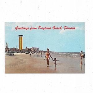 Frühe 1960er Daytona Beach Postkarte, Florida, Aussichtsturm oder Aussichtsturm und Bandständer sichtbar, Reise Souvenir