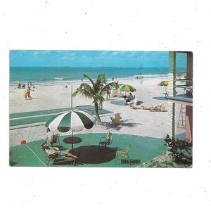 Pocztówka z 1959 r. przedstawiająca motel Buccaneer Resort, restaurację, Treasure Island, St. Petersburg, Floryda, wysłana ze znaczkiem 3 Cent, pamiątka z podróży