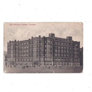 Cartão postal antigo de 1909 do Instituto de Mecânica de Ohio, Cincinnati, Ohio, postado com calendário de outono da OMI, SEM selo, muitas pessoas na foto