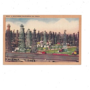 Südkalifornische Ölfeld-Leinenpostkarte, ungepostet, Reiseandenken, Petroleumproduktion, 1940er Jahre, Vintage Upcycle Supply, Geschichte