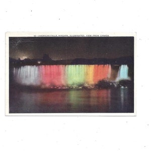 Postal de 1945 del lado americano de las Cataratas del Niágara iluminadas por la noche, publicadas con mensaje, SIN sello, vista desde Canadá, recuerdo de viaje