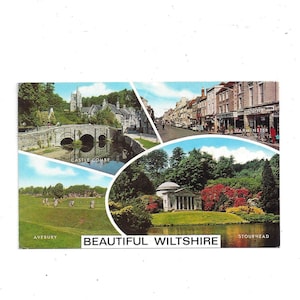 1981 Pocztówka z Wiltshire, Anglia, wysłana, znaczek 20 pensów, Stourhead, Avebury, Castle Combe, Warminster, pamiątka z podróży,