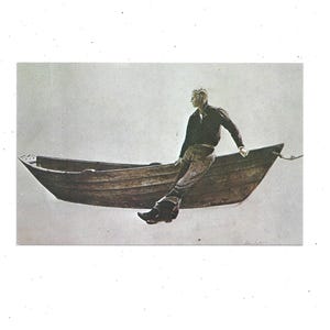 Postal artística de Andrew Wyeth: Joven pescador y Dory, década de 1970, sin pegar, recuerdo de viaje, Museo de Arte Farnsworth, álbum de recortes reciclado.