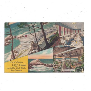 Cliff House Restaurant & Seal Rocks Linen Postcard, San Francisco, Kalifornia, z 1949 r., wysłana ze znaczkiem 1 Cent, wiadomość, podróż, 4 widoki