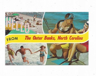 Cartão-postal de Outer Banks, Carolina do Norte, 3 visualizações, Olá de, Não publicado, Notícias de Elizabeth City, Lembrança de viagem à praia, Da década de 1950, Reciclagem