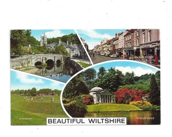 1981 Postcard of Wiltshire, England, Posted, 20P Stamp, Stourhead, Avebury, Castle Combe, Warminster, Travel Souvenir,