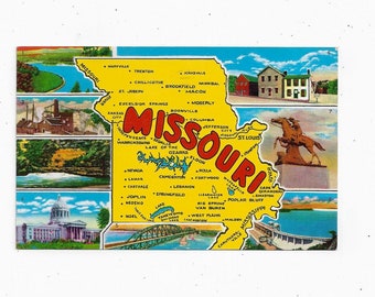1961 kaart Missouri kaart, geplaatst met bericht en stempel van 3 cent, 8 kleine naamplaatjes genoemd op achterkant, kortstondige reissouvenirs, laat zien wat staat