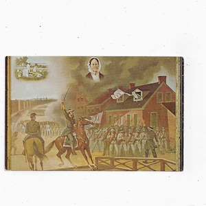 Cartão postal dos anos 1950 do conceito artístico do incidente de Barbara Fritchie, Frederick, Maryland, não publicado, lembrança de viagem,