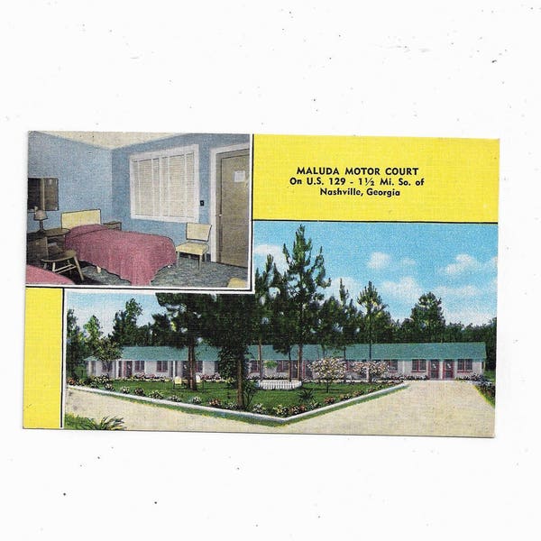 1950s Color Photo Postcard of Maluda Motor Court, Nashville, Georgia, Unposted, Vintage Ephemera Travel Motel Souvenir, E. C. Kropp Co.