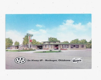 1958 Postcard of Sooner Motel in Muskogee, Oklahoma, Unposted with Typed Message, Hwy 69, Mid Century Travel Souvenir, Upcycle Scrapbook