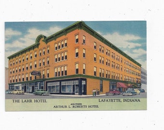 1930s Linen Postcard of The Lahr Hotel or House, Lafayette, Indiana, Downtown, Unposted, Travel Souvenir Ephemera, Arthur L. Roberts Hotel