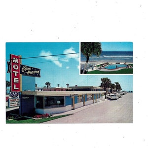 1960 Blue Heaven Motel Postcard, Daytona Beach Florida, Unposted, On A1A, Sunshine State, Ephemera Souvenir di viaggio