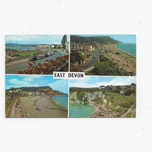 1971 Cztery widoki pocztówki East Devon, Anglia, Exmouth, Seaton, Sidmouth, piwo, wysłane z wiadomością, 2 znaczki, zabytkowa pamiątka z podróży