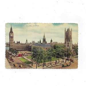 1961 Artystyczna pocztówka z Parliament Square, Londyn, wysłana z ręcznie napisanym przekazem, znaczek 4 pensów, pamiątki historyczne