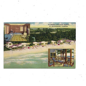 1940er Leinen Postkarte von Allegro Cottage Homes, St. Petersburg, Florida, ungepostet, 3 Ansichten, Reise Souvenir, Strand