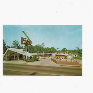 1950er Del-Mar Motel Postkarte, Valdosta, Georgia, Unposted, US 41, Alte Autos, Schwimmbad, Reise Souvenir Ephemera