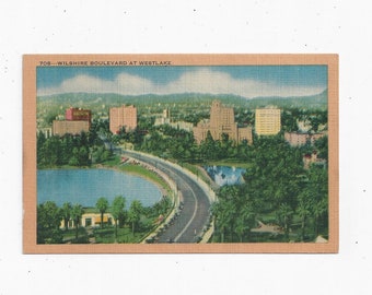 Linen Postcard of Wiltshire Blvd at Westlake, Los Angeles, California, Unposted, Travel Souvenir, Upcycle Scrapbook Supply, From 1940s