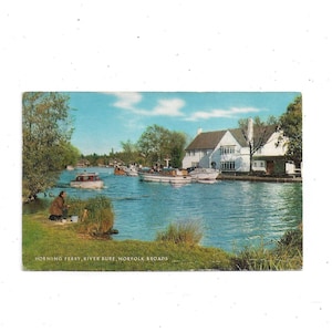 Pocztówka z 1976 r. Horning Ferry na rzece Bure, Norfolk Broads, Anglia, wysłana z wiadomością, znaczek 6,5 pensa, pamiątka