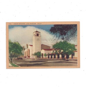 Union Station Postcard, Los Angeles, Californie, Non posté, Souvenir de voyage, Upcycle Scrapbook Supply, Des années 1940, Lin
