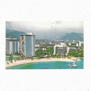 Cartolina postale dell’Hilton Hawaiian Village, Waikiki Beach, Hawaii, non pubblicato, souvenir di viaggio, 50° Stato, veduta aerea, anni ’60