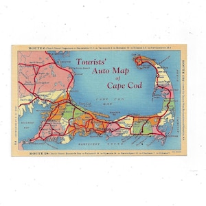 1940 Linen Postcard of Tourists' Auto Map of Cape Cod, Massachusetts, Unposted, Routes 6, 28, 132, Travel Souvenir