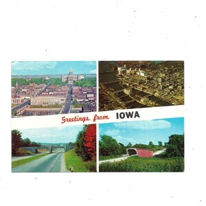 Cartão postal dos anos 1960 de Iowa, saudações de, não postado, 4 vistas, Capitólio estadual de Des Moines, ponte coberta, aveia quacre, viagens