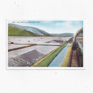 1930s Postcard of Salt Beds, Great Salt Lake, Utah, Unposted, Travel Souvenir, Steam Train in Photo, Pub. by Carpenter Paper Co. Upcycle