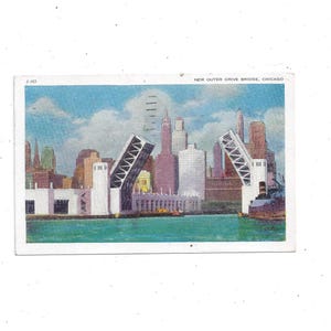 Pocztówka z 1943 r. przedstawiająca Outer Bridge Drive i panoramę Chicago Illinois, wysłana ze znaczkiem o wartości 1 centa, wiadomością, pamiątką, pamiątką z podróży z recyklingu